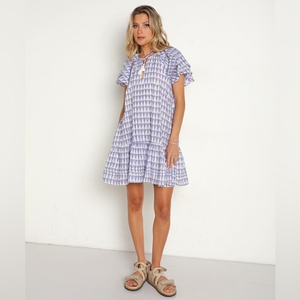 Cleobella Lavender & White Printed Flutter-Sleeve Tiered Dress